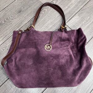 Michael Kors Plum Suede Tote with Brown Leather Trim and Gold MK Charm